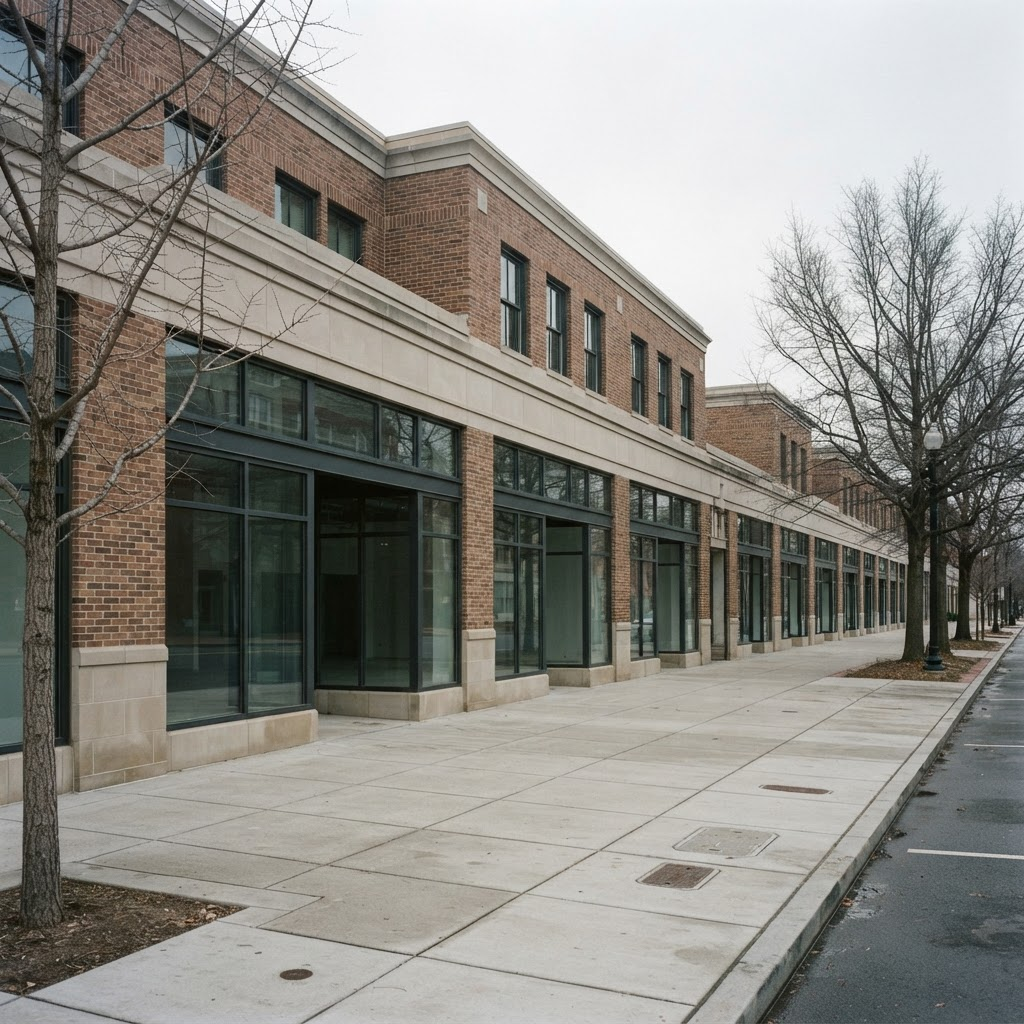 A row of ground-floor commercial storefronts with blank plate-glass shopfronts along a quiet Washington, DC block