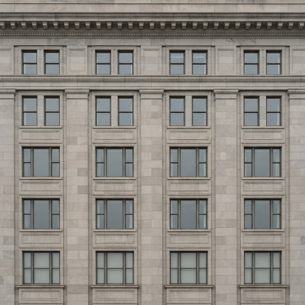A detail of a Washington, DC limestone office facade showing a regular grid of windows beneath a classical cornice